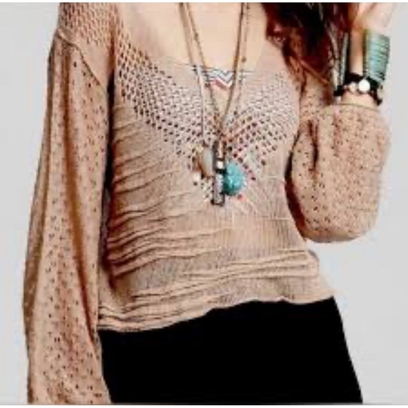 Free People Sweaters - Free People Tan Open Knit Ruffle V-Neck‎ Linen Blend Crop Sweater Small